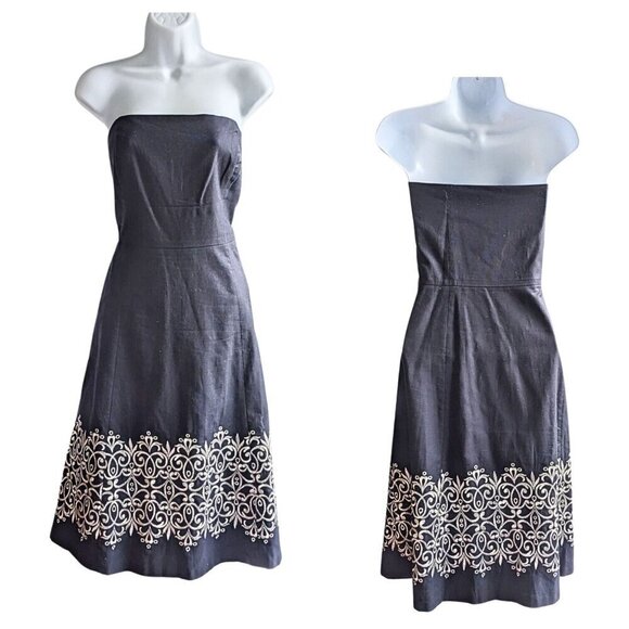 LOFT Strapless Navy w/ Silver Scroll Embroidery Fit & Flare Midi Dress Size 10 - Picture 1 of 9